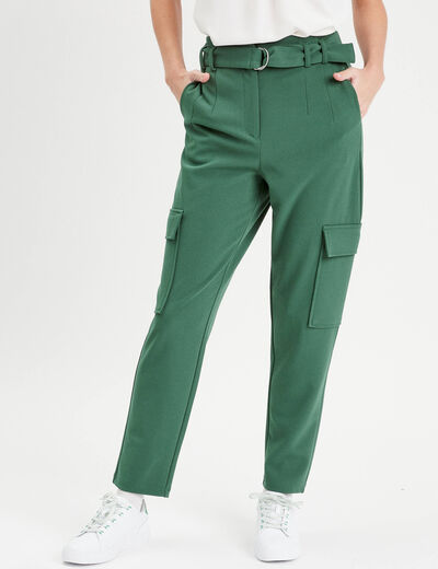Pantalon cargo 7/8ème ceinturé vert foncé femme