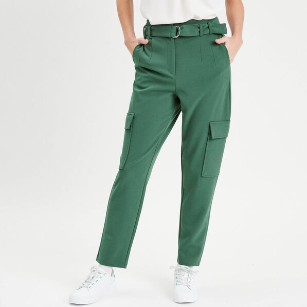 Pantalon cargo 7/8ème ceinturé vert foncé femme