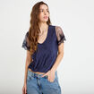 Blouse col v manches courtes dentelle bleu marine femme