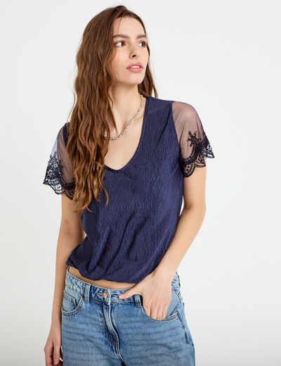 Blouse col v manches courtes dentelle bleu marine femme