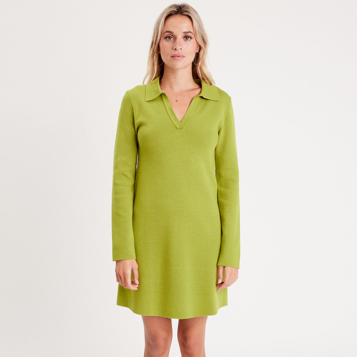 Robe pull droite col polo vert anis femme
