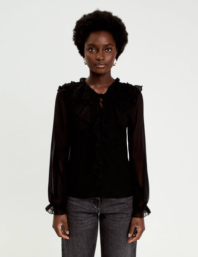 Blouse col v manches longues noir femme