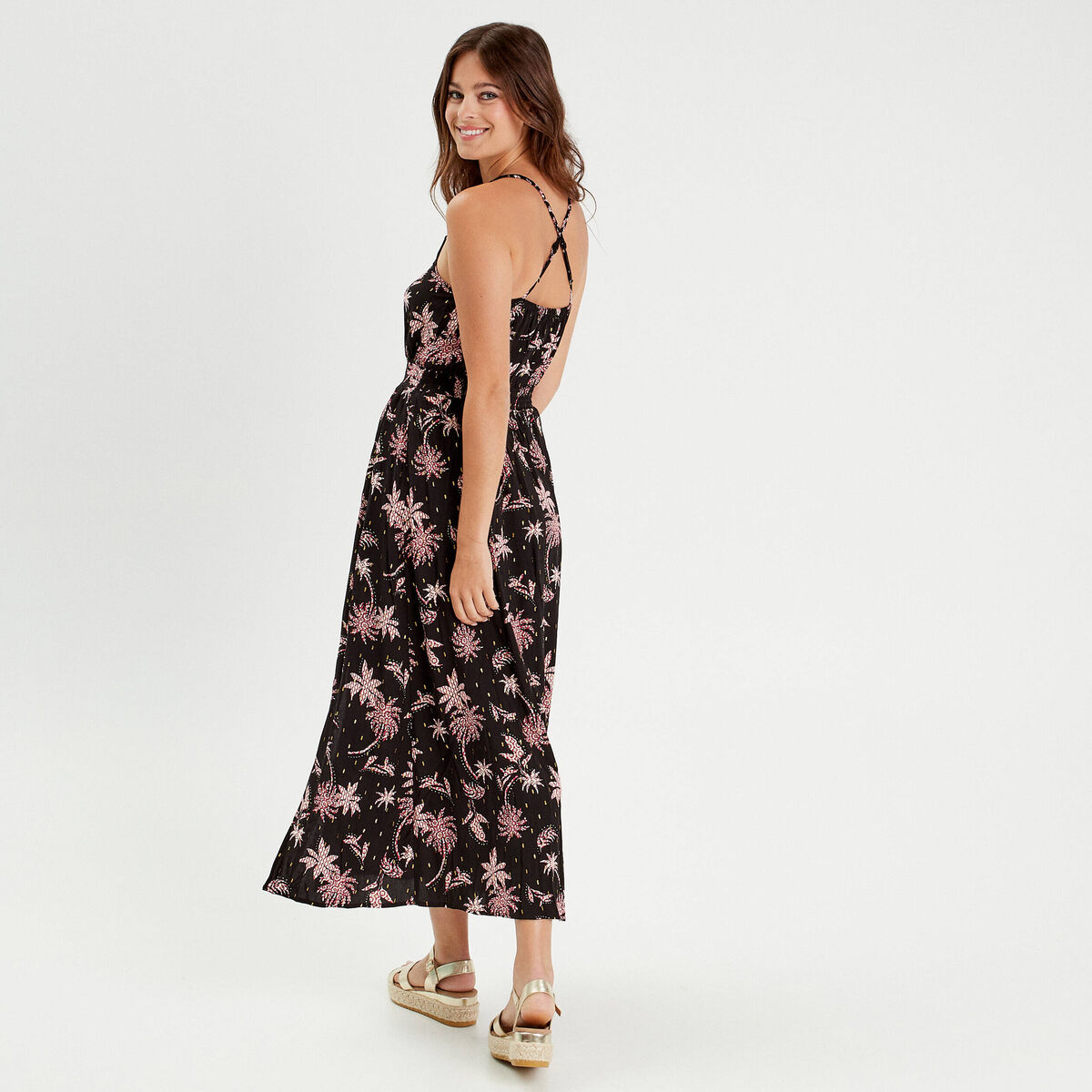 Robe longue évasée bretelles noir femme