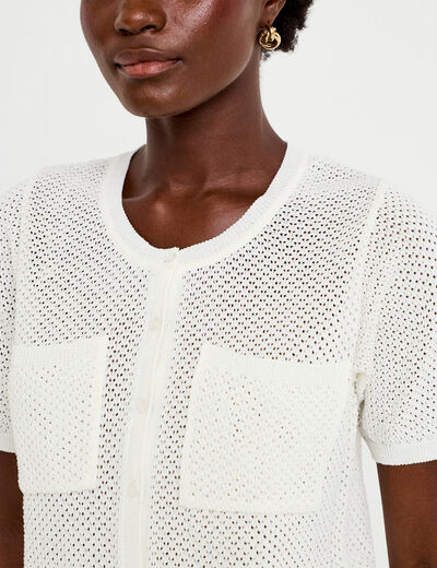 Gilet ajour&eacute; col rond manches courtes ecru femme