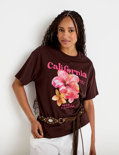 T-shirt col rond manches courtes marron femme
