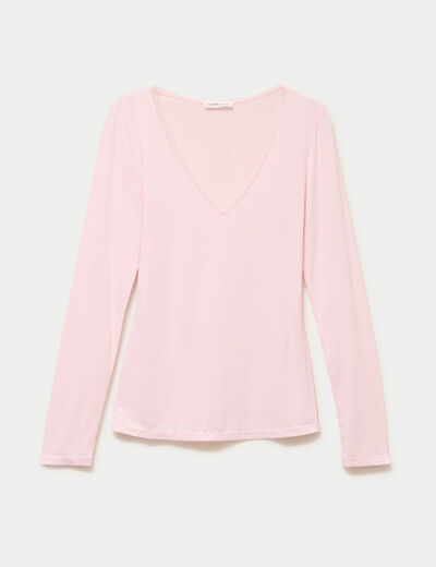 T-shirt thermique col en V plumetis rose clair femme