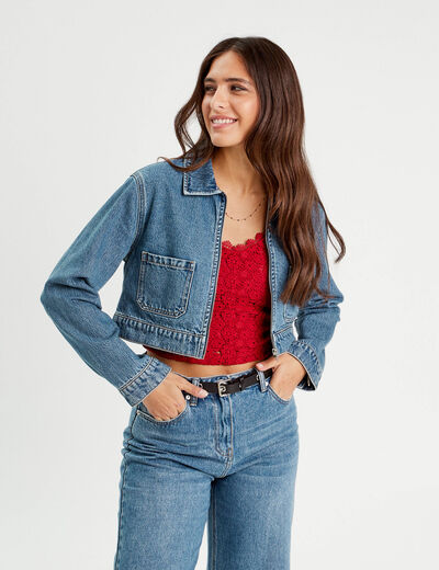 Veste courte zippée en jean denim stone femme