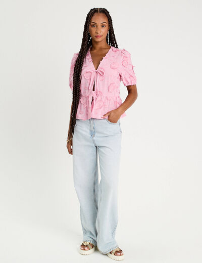 Blouse manches courtes noeuds rose poudrée femme