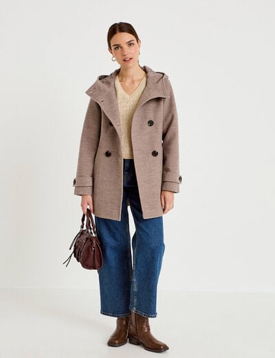 manteau ajust&eacute; 3/4 &agrave; capuche taupe femme