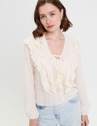 Blouse manches longues aspect dentelle ecru femme