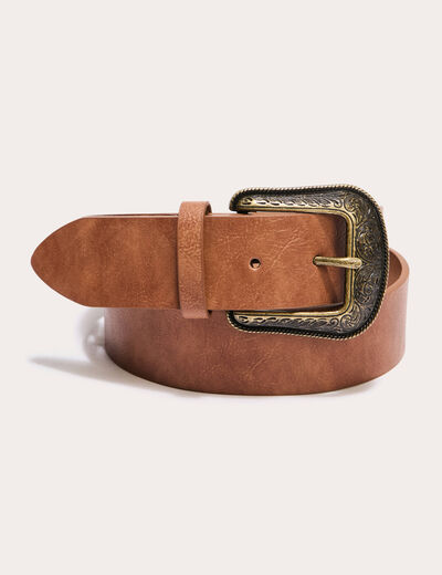 Ceinture large boucle western camel femme