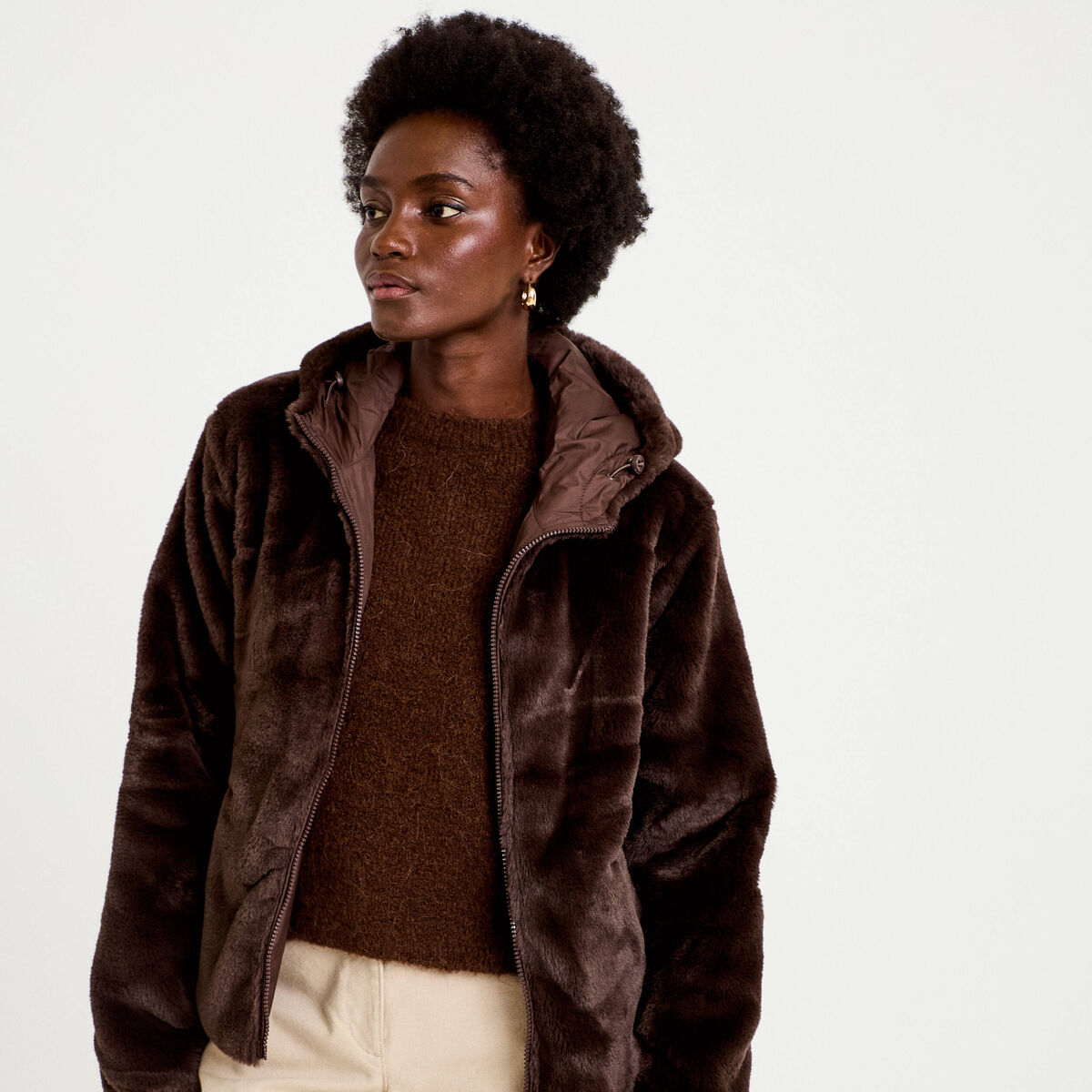 Parka r&eacute;versible &agrave; capuche marron fonc&eacute; femme