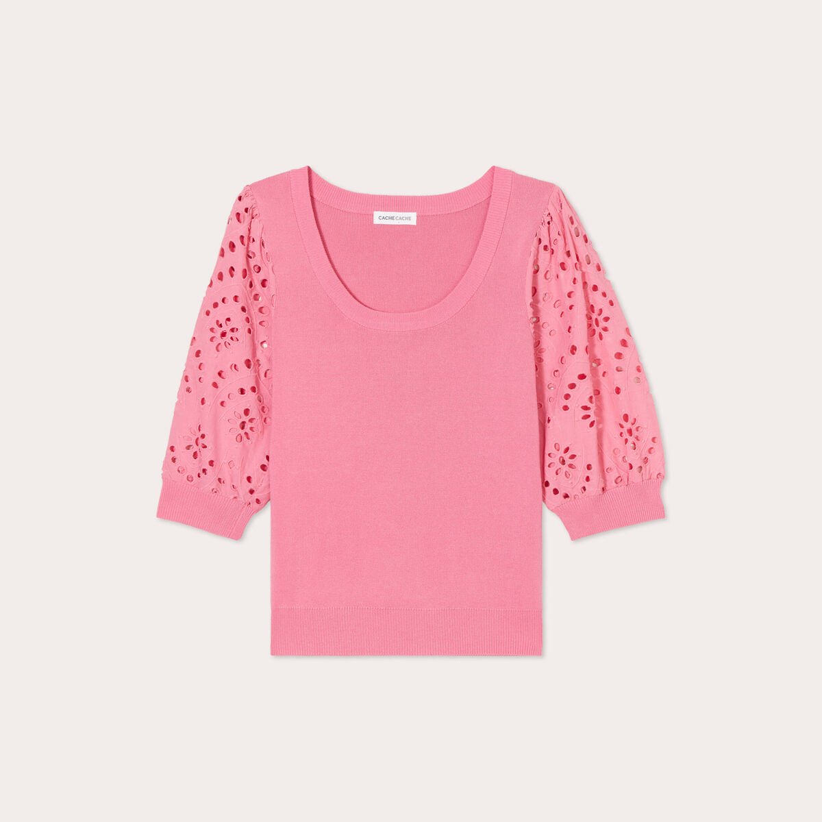 Pull manches 3/4 brodées rose femme