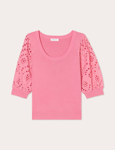 Pull manches 3/4 brodées rose femme