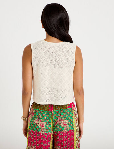 Gilet sans manches col v macram&eacute; ecru femme