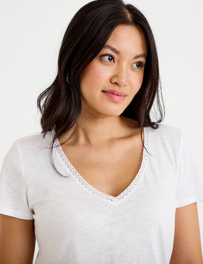 T-shirt col v manches courtes blanc femme