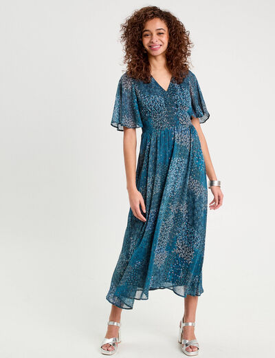 Robe longue évasée col en V bleu foncé femme