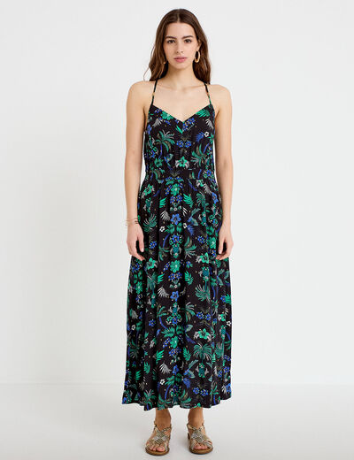 Robe &eacute;vas&eacute;e 3/4 col v bretelles fines noir femme