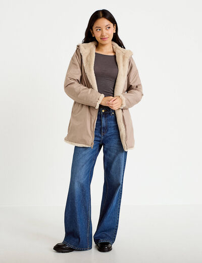 Parka r&eacute;versible 3/4 &agrave; capuche beige femme