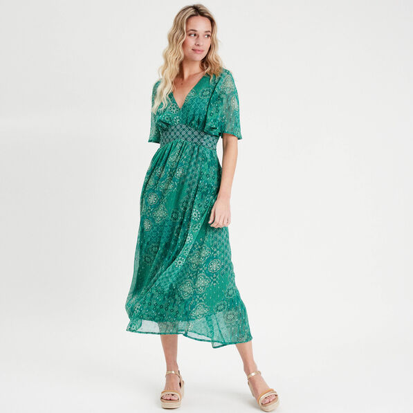 Robe longue évasée vert femme