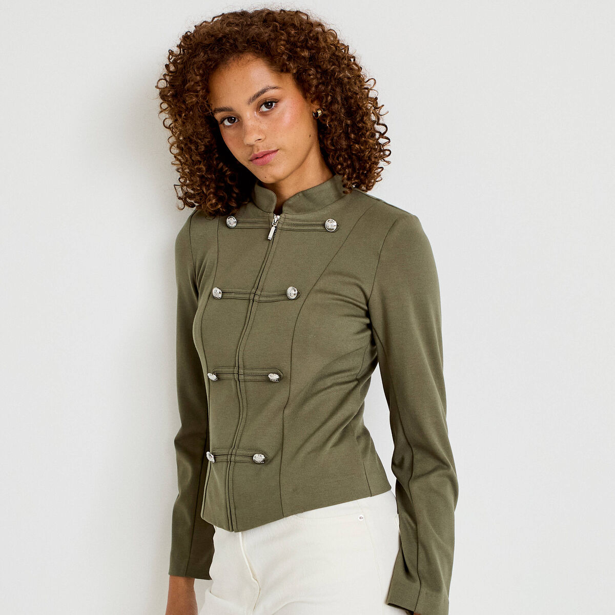 Veste ajust&eacute;e manches longues vert kaki femme