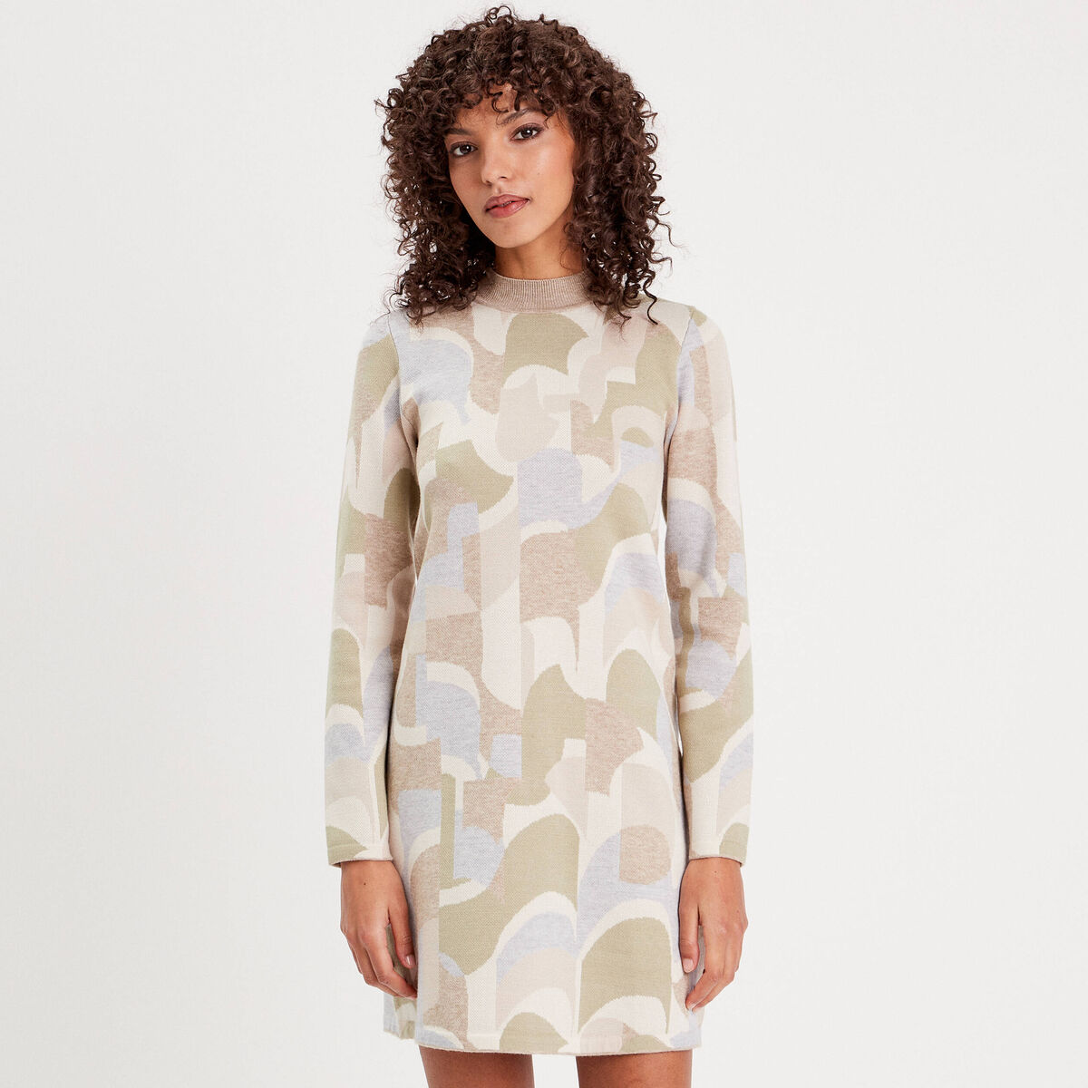Robe pull droite col montant beige femme