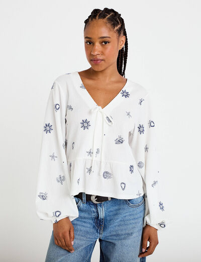 Blouse cintr&eacute;e col v manches longues blanc femme