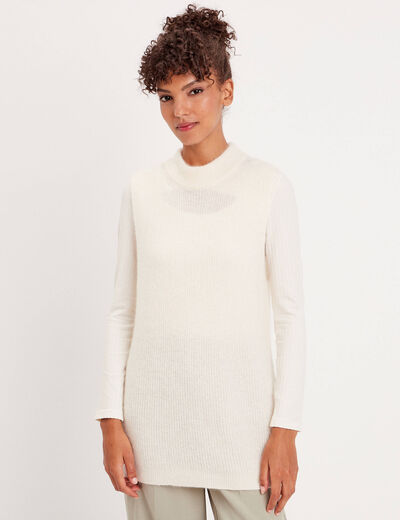 Pull sans manches col roulé ecru femme