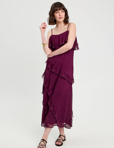 Robe longue droite volants prune femme