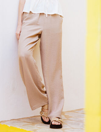 Pantalon large fluide beige femme