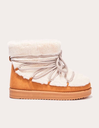 Bottines fausse fourrure à lacets camel femme
