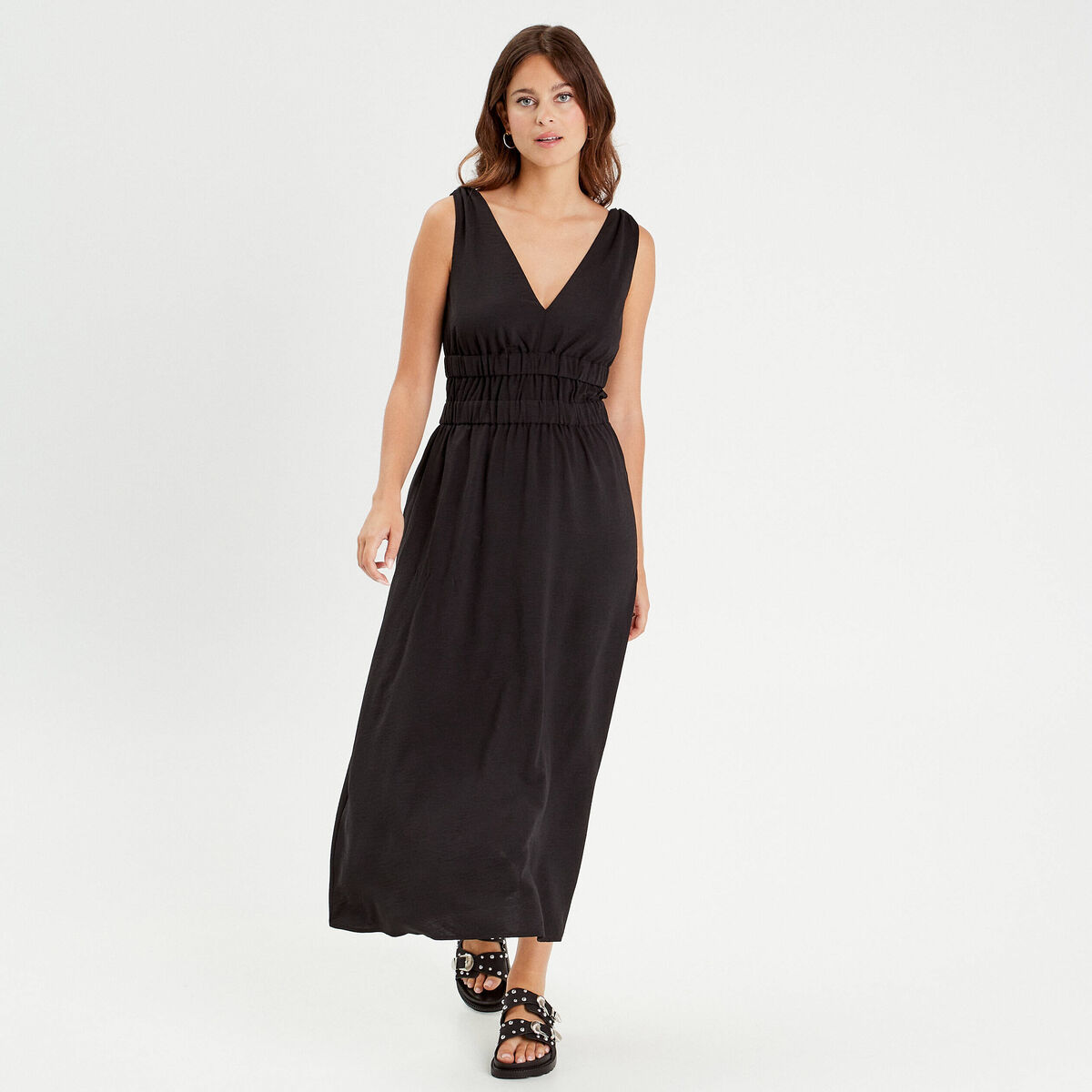 Robe longue évasée noir femme