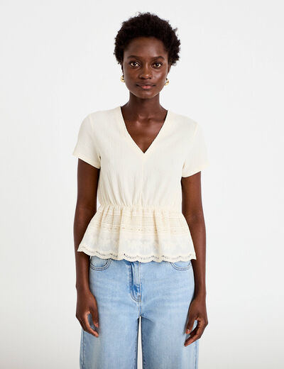 Blouse droite col v manches courtes ecru femme