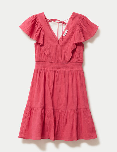 Robe courte &eacute;vas&eacute;e col v manches courtes rose framboise femme