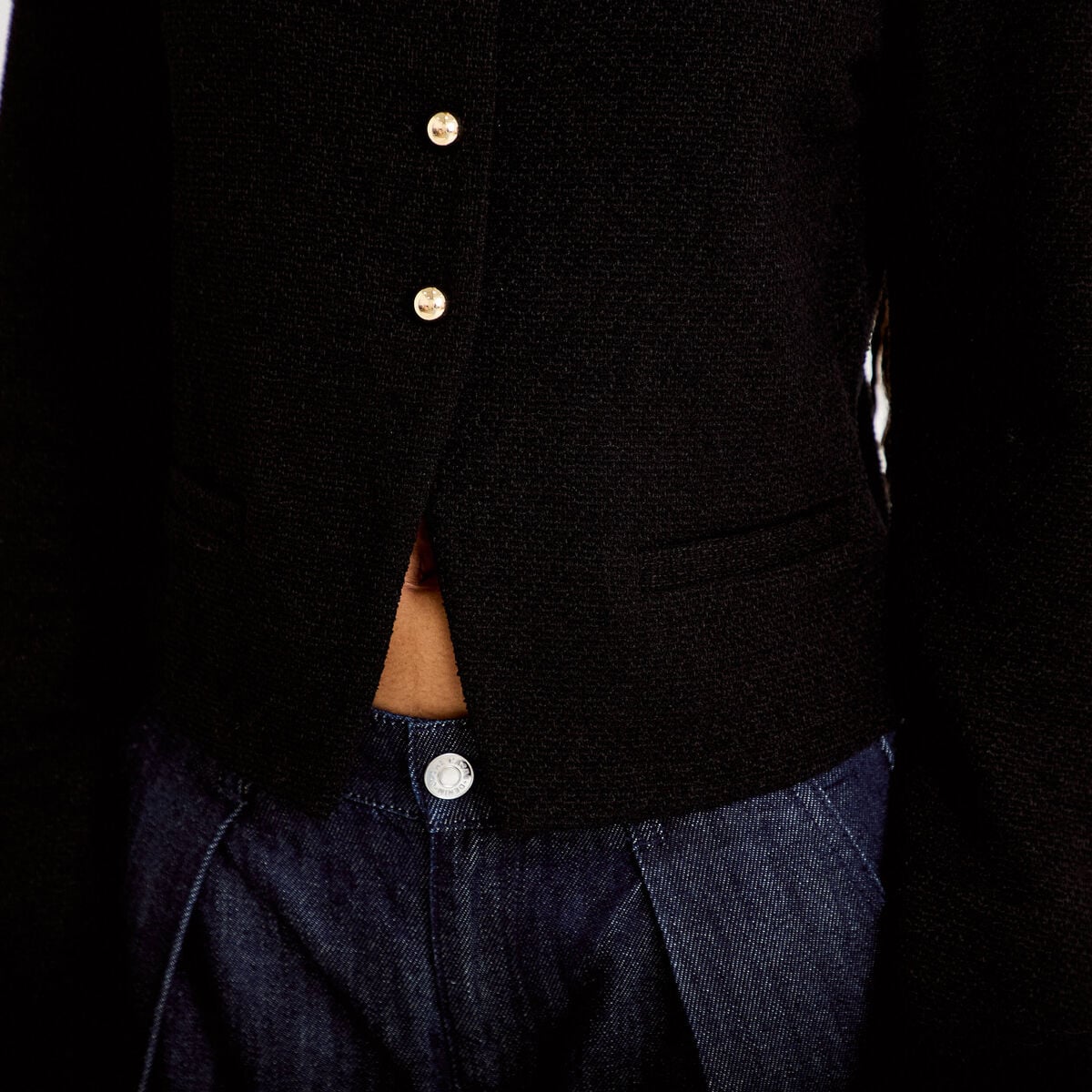 Veste tweed droite cropped col rond noir femme