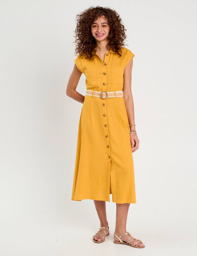 Robe chemise midi contenant du lin jaune citron femme