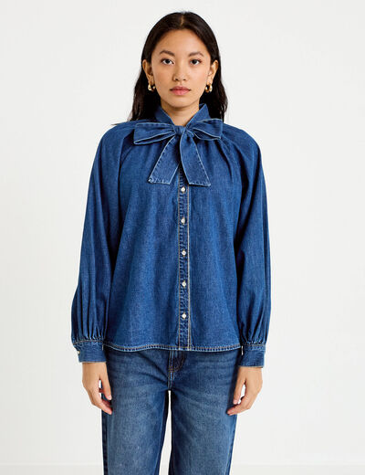 Chemise ample en jean col montant denim stone femme