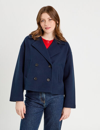 Caban court boutonné bleu marine femme