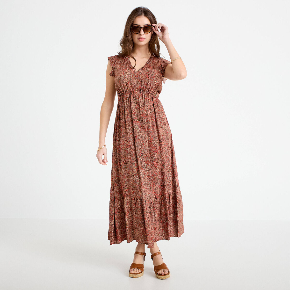 Robe longue &eacute;vas&eacute;e col v manches courtes rouge fonc&eacute; femme