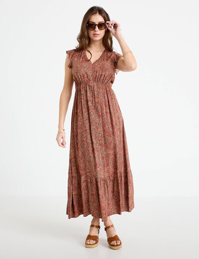 Robe longue &eacute;vas&eacute;e col v manches courtes rouge fonc&eacute; femme