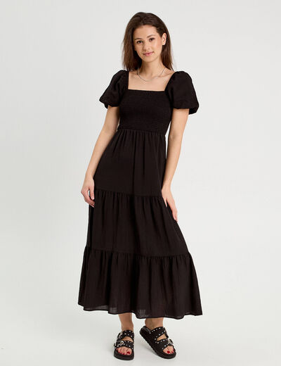 Robe longue évasée smockée noir femme