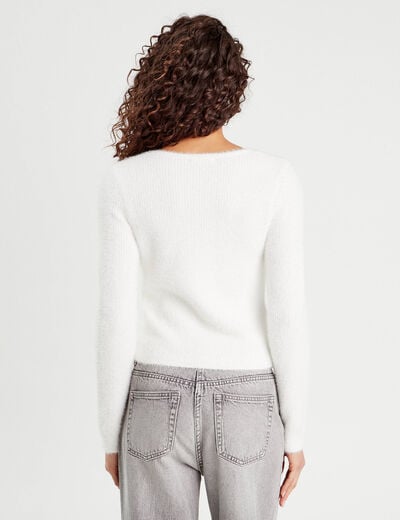 Gilet zippé mailles duveteuses ecru femme