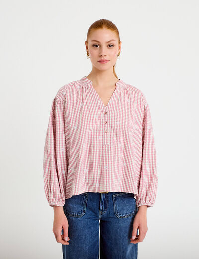 Blouse vichy brod&eacute;e rose femme