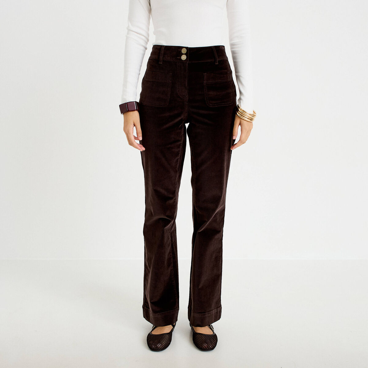 Pantalon bootcut taille haute velours marron fonc&eacute; femme