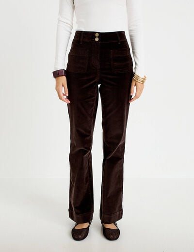 Pantalon bootcut taille haute velours marron fonc&eacute; femme