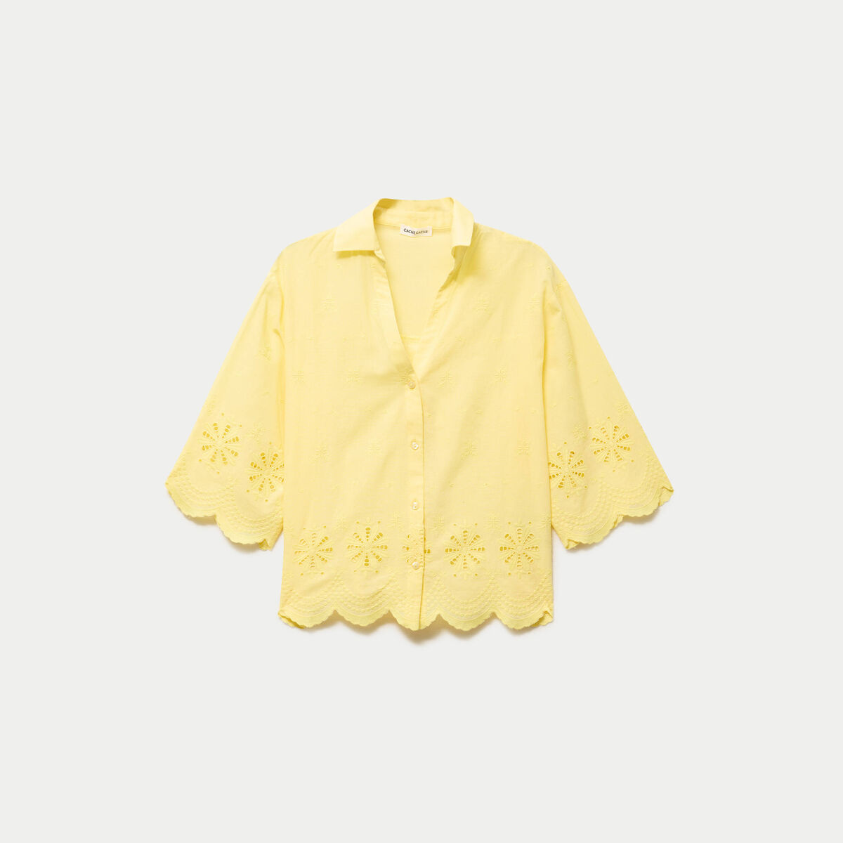 Chemise droite col classique manches 3/4 jaune pastel femme