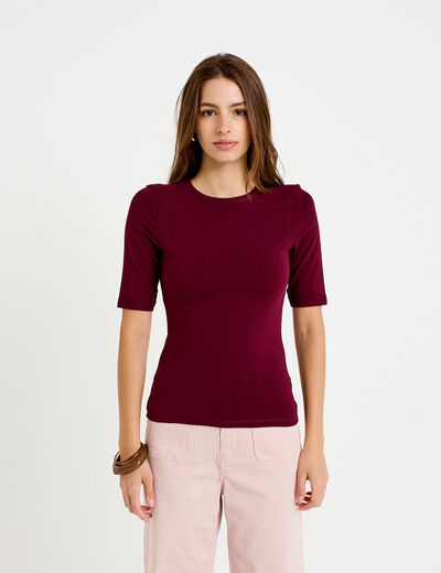 T-shirt ajust&eacute; col rond manches courtes bordeaux femme