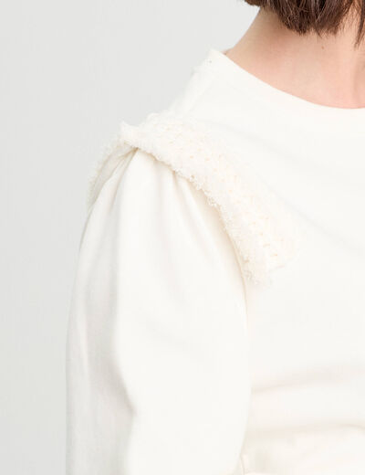 Sweat détails franges ecru femme