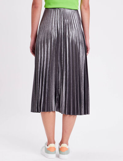 Jupe midi évasée plissée gris argent femme