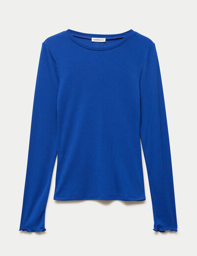 T-shirt ajust&eacute; col rond manches longues bleu electrique femme